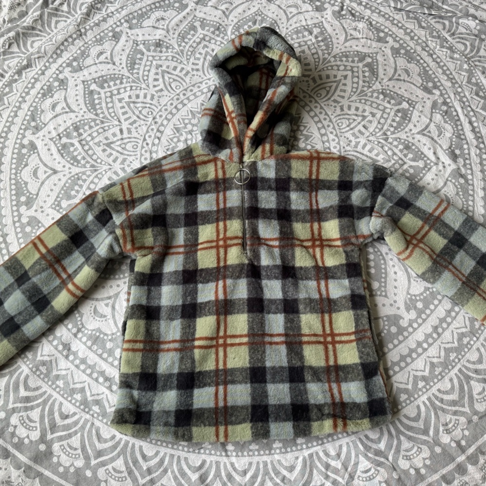 Faux fur plaid quarter zip